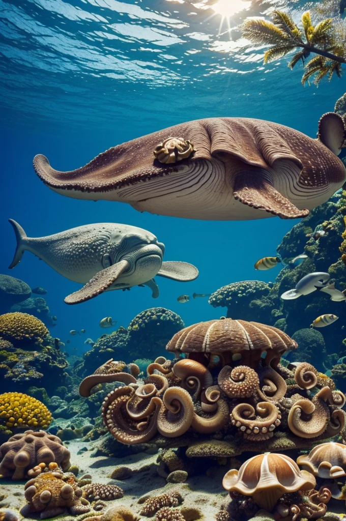 Image that has octopuses , Whales , Mar , palms , snails