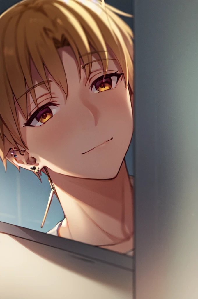 Masterpiece, best quality, 1boy, upper body, necktie, ((ear piercing)), closed mouth, simple backround, blonde hair, short hair, brown eyes, looking at viewer, face, evil smile