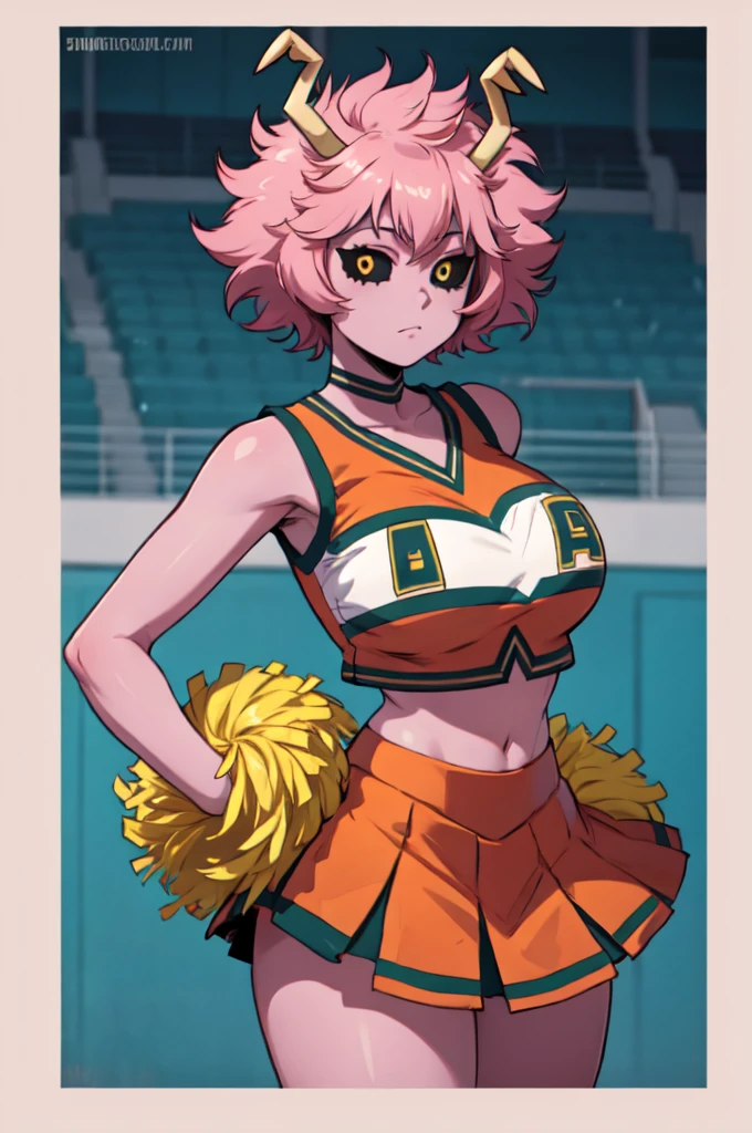 mina ashido, 1girl, solo, looking at viewer, short hair, simple background, yellow eyes, pink hair, horns, colored skin, colored sclera, black sclera, pink skin, U.A. CheerUniform, orange skirt, cheerleader, perfect shading, bare shoulders, big breasts