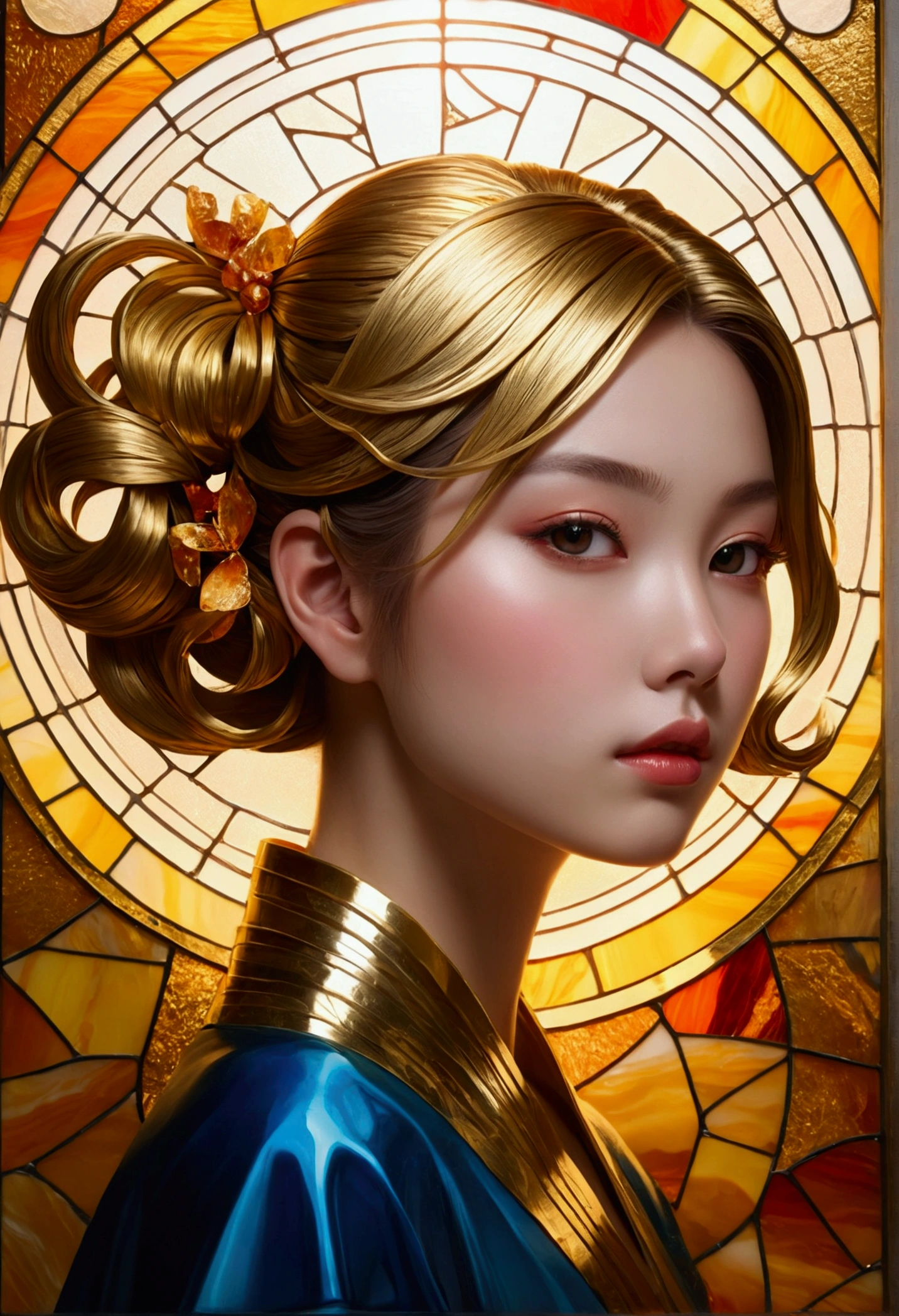 (masterpiece, Highest quality, Highest quality,Official Art, beautifully、Super Gold Hairstyle、aesthetic:1.2),(One girl:1.3), One girl BREAK stained glass art, Colored Glass, Lead wire, Light transmission BREAK Vivid colors, Intricate Design, Glowing effect, Spiritual atmosphere、Background abstract Japanese style、舞い踊る