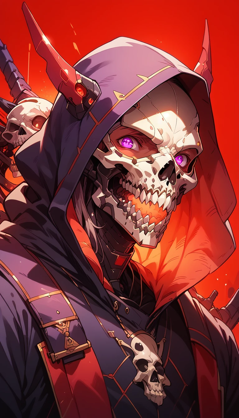 solo, looking at viewer, purple eyes, 1boy, male focus, sharp teeth, hood, mask, glowing, portrait, glowing eyes, red background, hood up, skull, mouth mask, red theme, skull mask,upper body,monster,mecha