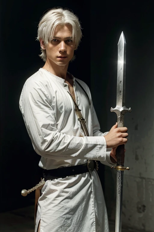 ( best quality) white-haired boy with a sword in his hand