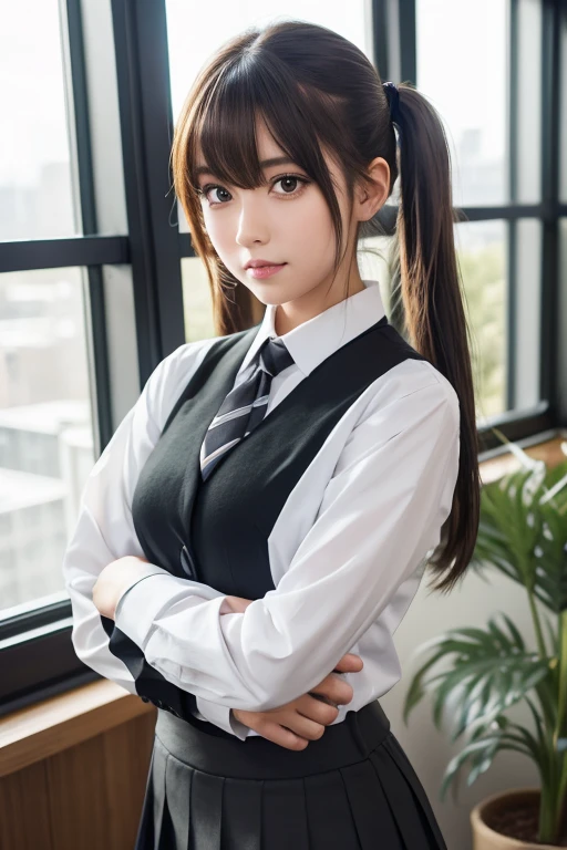 1girl, solo, medium hair, looking at viewer, bangs, skirt, shirt, brown eyes, long sleeves, twintails, standing, jacket, white shirt, green hair, necktie, collared shirt, indoors, black skirt, uniform, black jacket, window, low twintails, heterochromia, chair, crossed arms, plant, black necktie, desk, pencil skirt