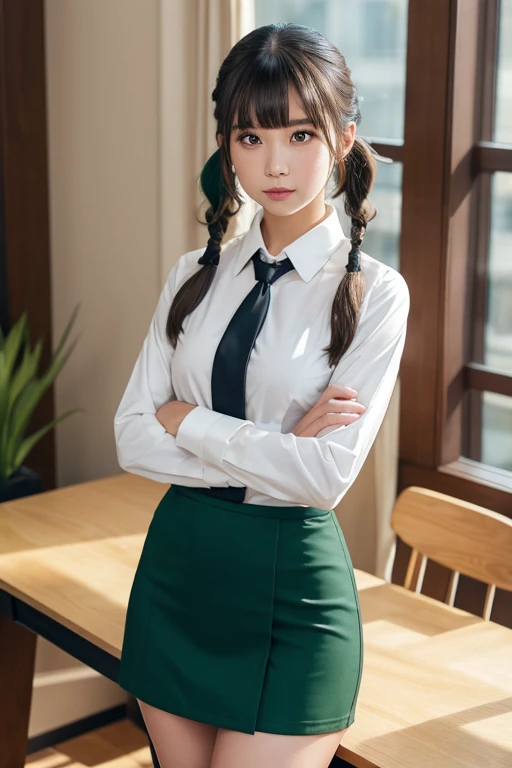 1girl, solo, medium hair, looking at viewer, bangs, skirt, shirt, brown eyes, long sleeves, twintails, standing, jacket, white shirt, green hair, necktie, collared shirt, indoors, black skirt, uniform, black jacket, window, low twintails, heterochromia, chair, crossed arms, plant, black necktie, desk, pencil skirt