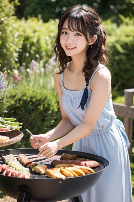 Produce the highest quality and highest resolution 8K images。Please draw the upper body of a 20 year old Japanese woman.。Please draw an image of people enjoying a barbecue in the garden.。She has brown eyes and a model-like figure、She has an idol-level cute face.。The hair is curly。Clothes、I'm wearing a short-sleeved shirt。The skin is、It is a natural skin color。she、Looking at you with a smile。