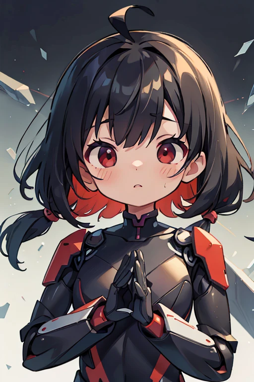 Primary school students ,Young Girl,,Height: 130cm,Character portrait,Simple design,Black hair okata,Hair is black,Red eyes,Shoulder Bare,Ahoge,Kokeshi,Deformation,Mini character,Confused eyes,Pitch Resuit,Perfect Suit,Perfect costume,Yoga Suit,Robot Joint , Robot shoulder,Plug Suit,Spacesuit