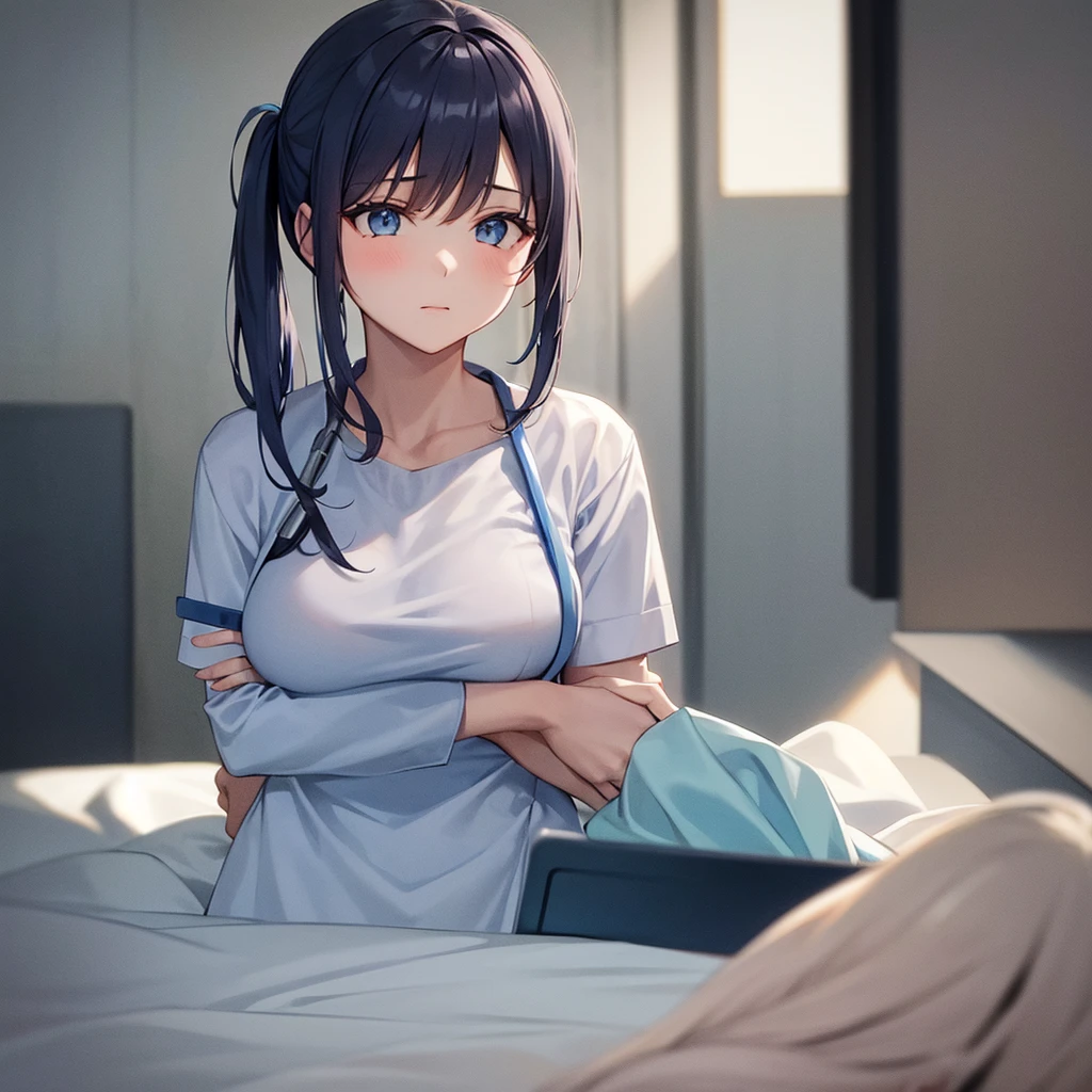 nursing aide,one girl,solo,blue or white scrubs,not wearing a hat or cap, I can't get my head out of the picture, Facing forward.