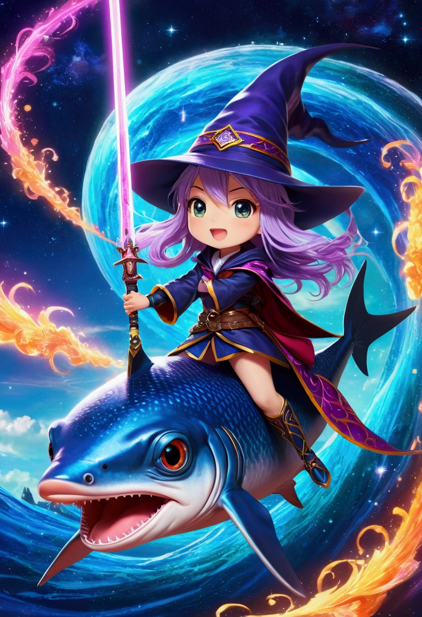 a cute anime female wizard, driving a magical swordfish with an extremely long mouth, galaxies, swordfish, surrounded by intense swirling magic, bright vibrant colors, vivid fantasy landscape, intricate details, cinematic lighting, chibi, 8K, highly detailed, masterpiece, fantasy art