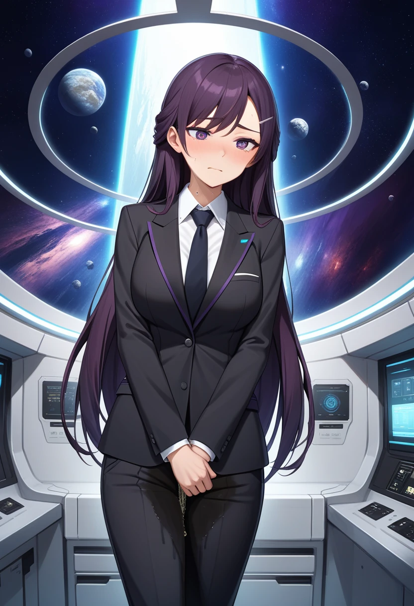 (high quality,Very detailed:1.37, High resolution), Woman, (mature:2.0), (Sakaki Yumiko:1.5), (very long hair:1.5), (dark purple hair:2.5), purple eyes, large breasts, tuxedo, necktie, (pants:1.5), (wetting herself:1.5), standing, (arms crossed:1.5), (embarrassed:1.5), (humiliation:1.5), (constricted pupils:1.5), (sweating:1.5), shaking, (trembling:1.5), (blushing:1.5), Meticulous details, (extremely detailed eys:1.37), space station, interior, science fiction, futuristic