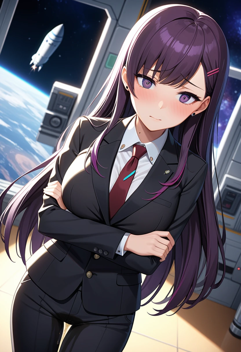(high quality,Very detailed:1.37, High resolution), Woman, (mature:2.0), (Sakaki Yumiko:1.5), (very long hair:1.5), (dark purple hair:2.5), purple eyes, large breasts, tuxedo, necktie, (pants:1.5), (wetting herself:1.5), standing, (arms crossed:1.5), (embarrassed:1.5), (humiliation:1.5), (constricted pupils:1.5), (sweating:1.5), shaking, (trembling:1.5), (blushing:1.5), Meticulous details, (extremely detailed eys:1.37), space station, interior, science fiction, futuristic