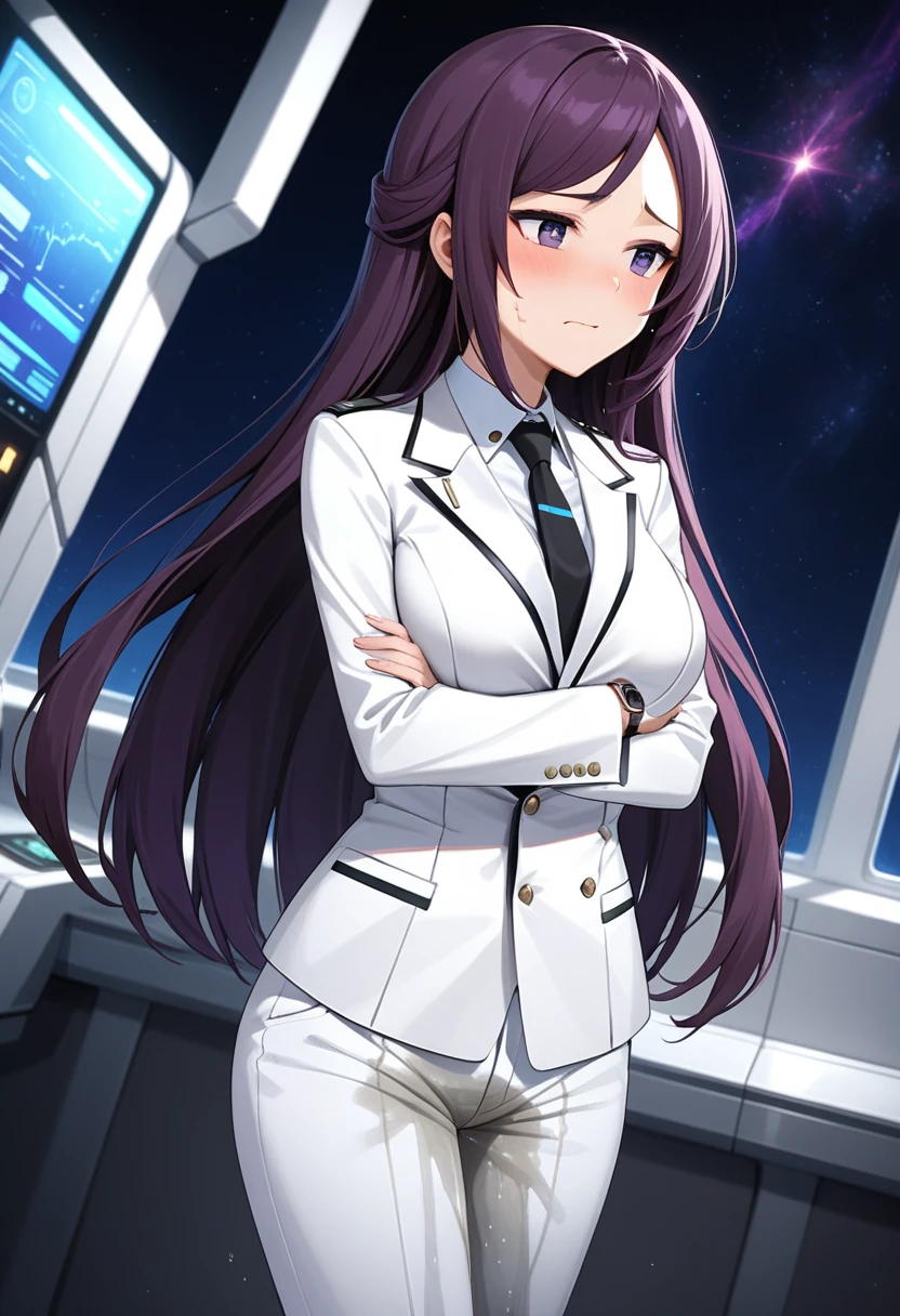 (high quality,Very detailed:1.37, High resolution), Woman, (mature:2.0), (Sakaki Yumiko:1.5), (very long hair:1.5), (dark purple hair:2.5), purple eyes, large breasts, tuxedo, necktie, (pants:1.5), (wetting herself:1.5), standing, (arms crossed:1.5), (embarrassed:1.5), (humiliation:1.5), (constricted pupils:1.5), (sweating:1.5), shaking, (trembling:1.5), (blushing:1.5), Meticulous details, (extremely detailed eys:1.37), space station, interior, science fiction, futuristic