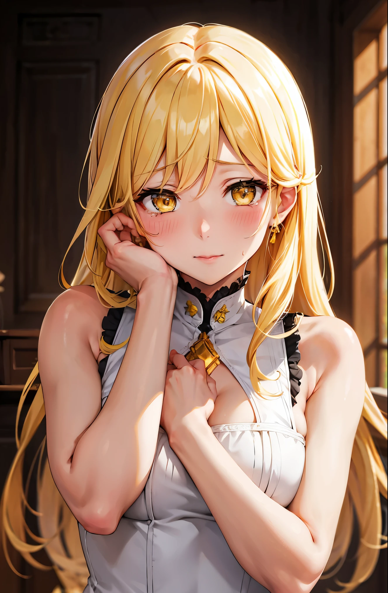 Tabletop, Highest quality, One Girl,Shoot the girl in the front, View your viewers, cute, good, Medium chest, Yellow Eyes,  Behind Wallenstein,  Yellow Hair, Long Hair, Beautiful attention to detail, Embarrassing,blush,is crying,Put your hands on your head,Underarm, Sweaty,(Upper Body:1.3), White Dress,Toilet Background, ((spouse, empowered))