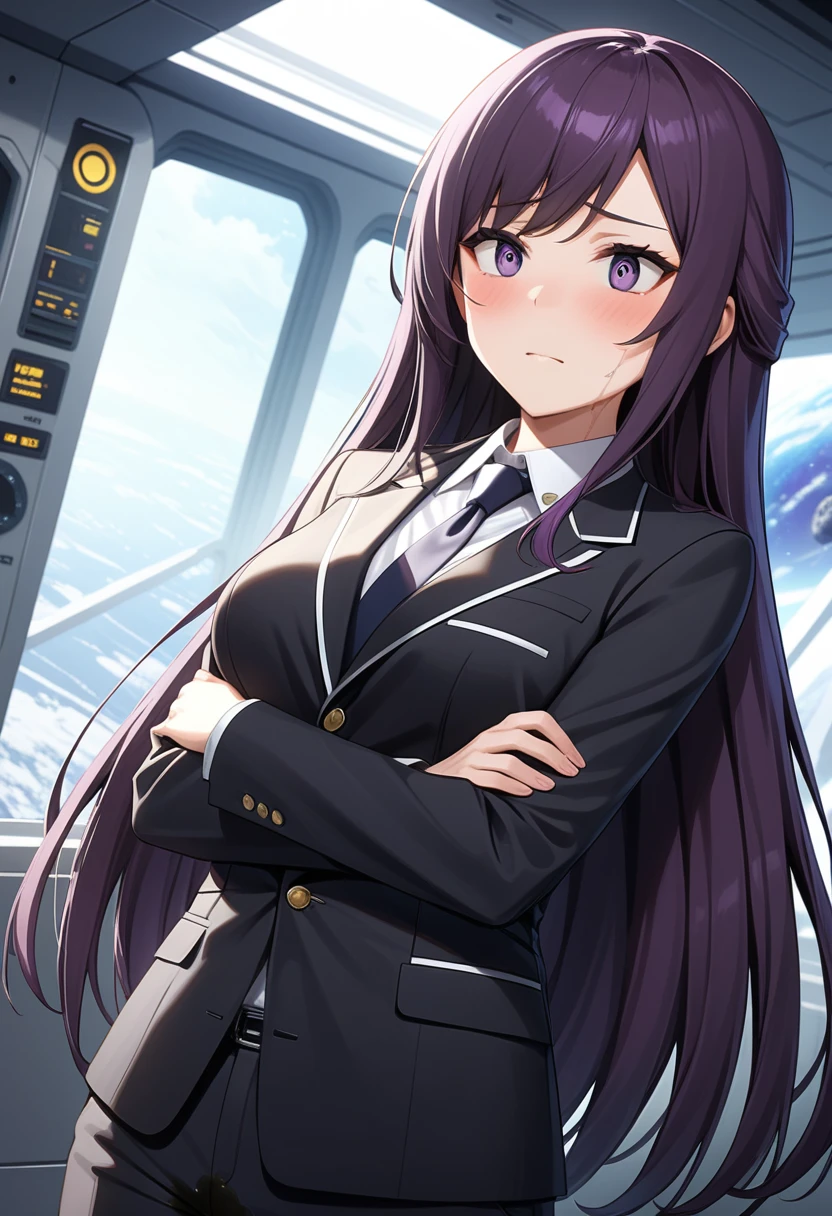 (high quality,Very detailed:1.37, High resolution), Woman, (mature:2.0), (Sakaki Yumiko:1.5), (very long hair:1.5), (dark purple hair:2.5), purple eyes, large breasts, tuxedo, necktie, (pants:1.5), (wetting herself:1.5), standing, (arms crossed:1.5), (embarrassed:1.5), (humiliation:1.5), (constricted pupils:1.5), (sweating:1.5), shaking, (trembling:1.5), (blushing:1.5), Meticulous details, (extremely detailed eys:1.37), space station, interior, science fiction, futuristic