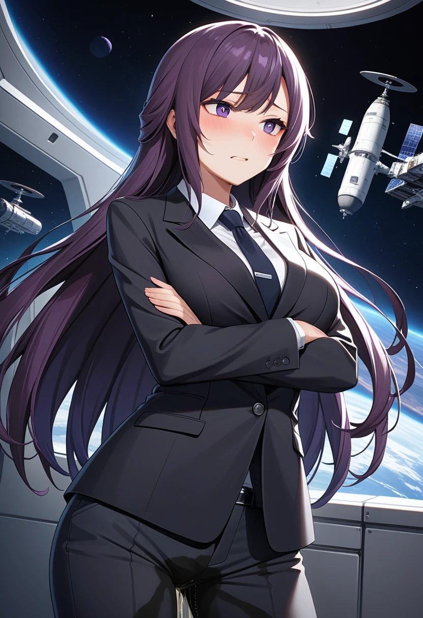 (high quality,Very detailed:1.37, High resolution), Woman, (mature:2.0), (Sakaki Yumiko:1.5), (very long hair:1.5), (dark purple hair:2.5), purple eyes, large breasts, tuxedo, necktie, (pants:1.5), (wetting herself:1.5), standing, (arms crossed:1.5), (embarrassed:1.5), (humiliation:1.5), (constricted pupils:1.5), (sweating:1.5), shaking, (trembling:1.5), (blushing:1.5), Meticulous details, (extremely detailed eys:1.37), space station, interior, science fiction, futuristic