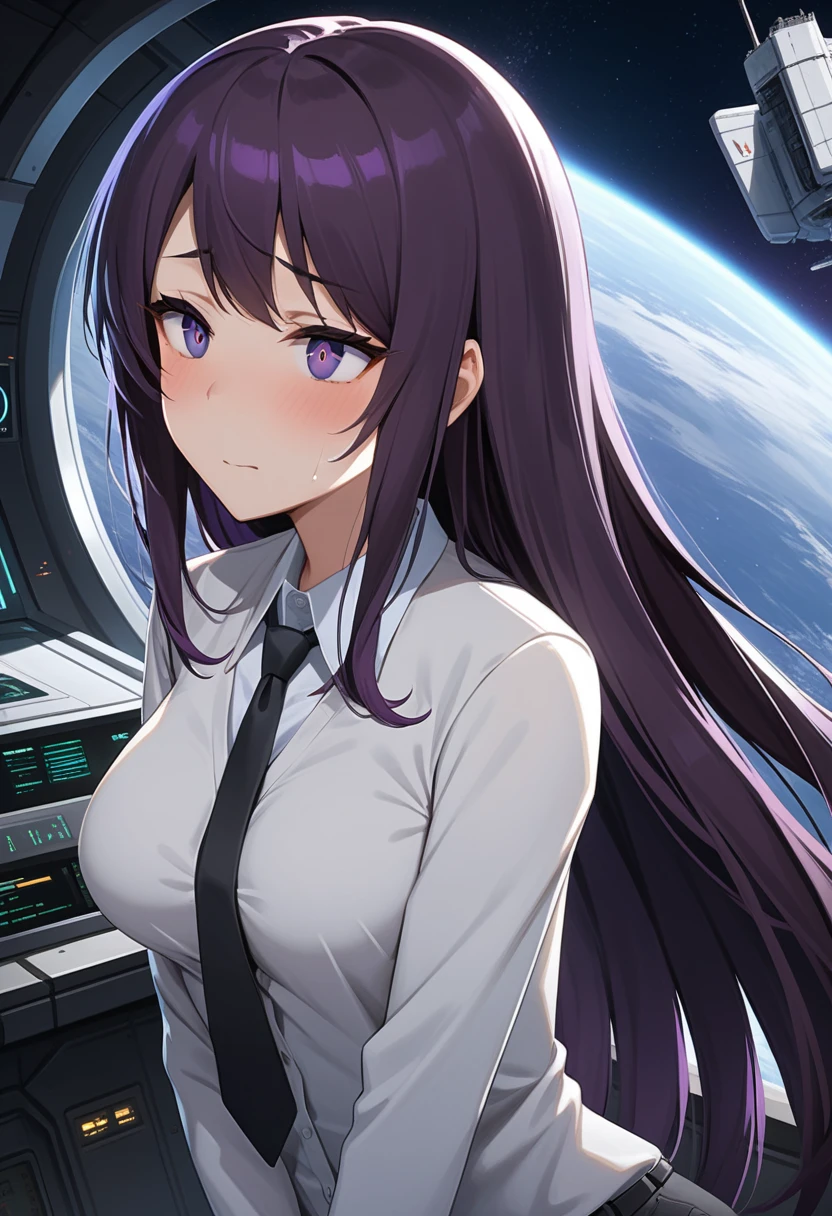 (high quality,Very detailed:1.37, High resolution), Woman, (mature:2.0), (Sakaki Yumiko:1.5), (very long hair:1.5), (dark purple hair:2.5), purple eyes, large breasts, tuxedo, necktie, (pants:1.5), (wetting herself:1.5), standing, (arms crossed:1.5), (embarrassed:1.5), (humiliation:1.5), (constricted pupils:1.5), (sweating:1.5), shaking, (trembling:1.5), (blushing:1.5), Meticulous details, (extremely detailed eys:1.37), space station, interior, science fiction, futuristic