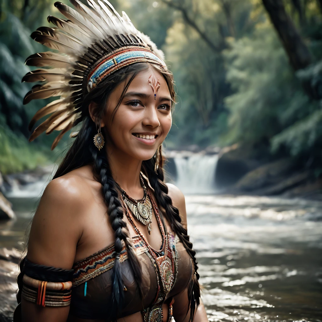 ((Full body image)) Masterpiece, absurdres,award winning photo, extremely detailed, amazing, fine detail, extremely detailed eyes and face, by lee jeffries nikon d850 film stock photograph 4 kodak portra 400 camera f1.6 lens rich colors hyper realistic lifelike texture dramatic lighting unrealengine trending on artstation cinestill 800 tungsten, beautiful 25 years old woman, smiling with nice teeth, excited, NativAm, a woman in a native dress , wearing NativAm, feathers on her head , braids, sitting next to water fall and trees
