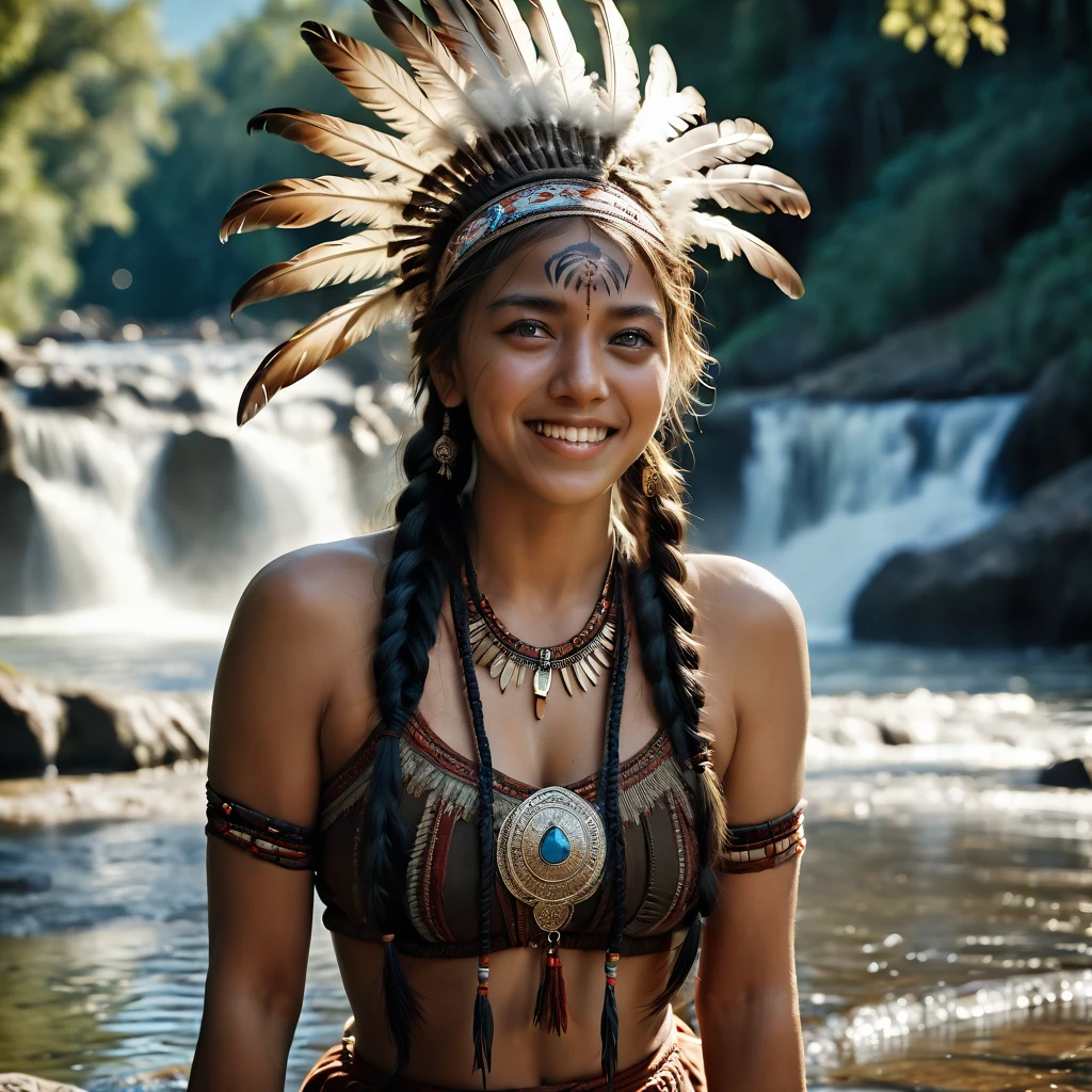 ((Full body image)) Masterpiece, absurdres,award winning photo, extremely detailed, amazing, fine detail, extremely detailed eyes and face, by lee jeffries nikon d850 film stock photograph 4 kodak portra 400 camera f1.6 lens rich colors hyper realistic lifelike texture dramatic lighting unrealengine trending on artstation cinestill 800 tungsten, beautiful 25 years old woman, smiling with nice teeth, excited, NativAm, a woman in a native dress , wearing NativAm, feathers on her head , braids, sitting next to water fall and trees