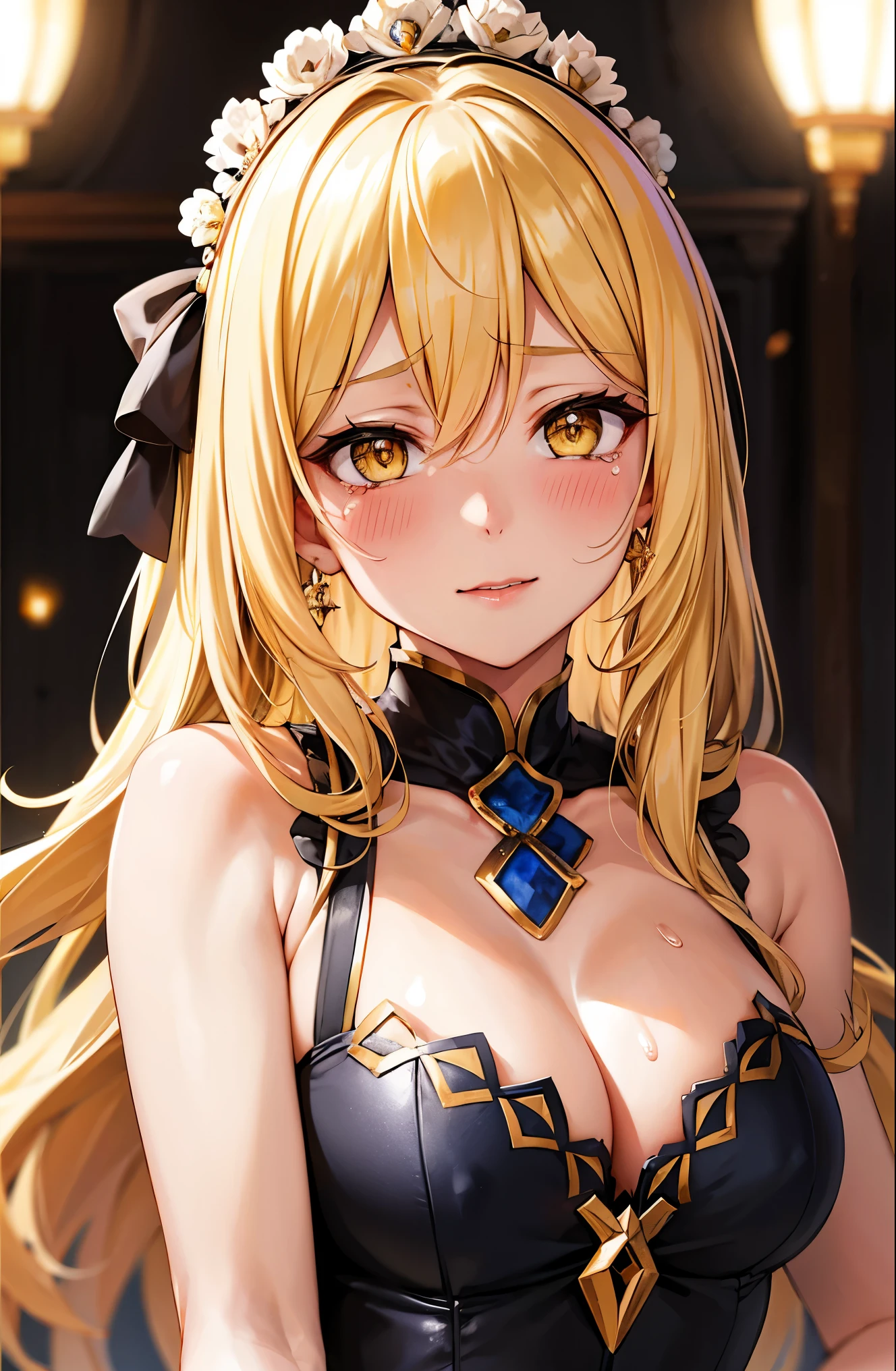 Tabletop, Highest quality, One Girl,Shoot the girl in the front, View your viewers, cute, good, Medium chest, Yellow Eyes, Behind Wallenstein, Yellow Hair, Long Hair, Beautiful attention to detail, Embarrassing,blush,is crying,Put your hands on your head,Underarm, Sweaty,(Upper Body:1.3), White Dress,Toilet Background, ((spouse, empowered))