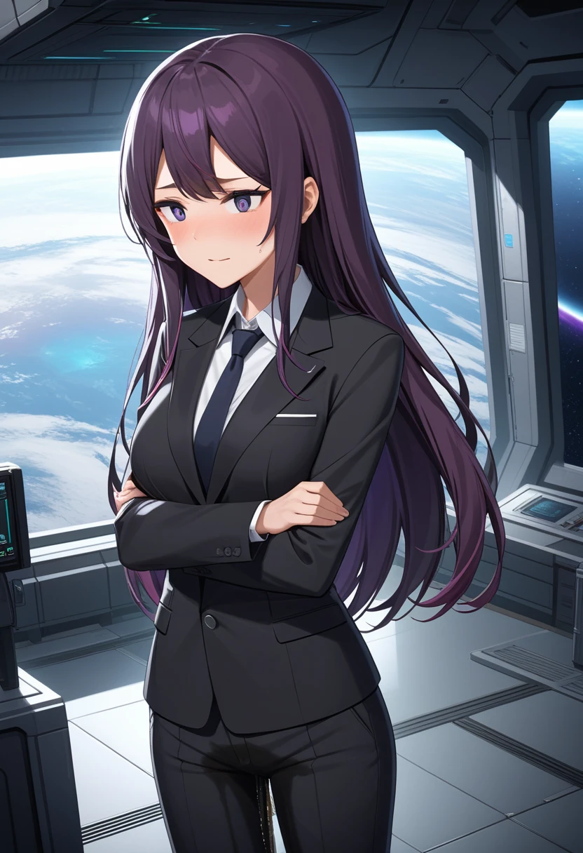 (high quality,Very detailed:1.37, High resolution), Woman, (mature:2.0), (Sakaki Yumiko:1.5), (very long hair:1.5), (dark purple hair:2.5), purple eyes, large breasts, tuxedo, necktie, (pants:1.5), (wetting herself:1.5), standing, (arms crossed:1.5), (embarrassed:1.5), (humiliation:1.5), (constricted pupils:1.5), (sweating:1.5), shaking, (trembling:1.5), (blushing:1.5), Meticulous details, (extremely detailed eys:1.37), space station, interior, science fiction, futuristic