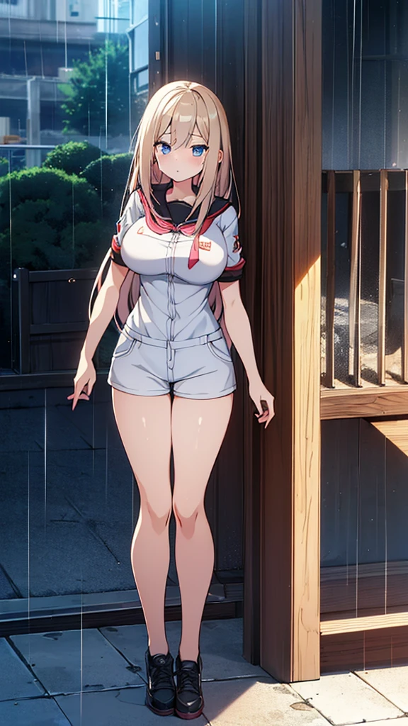 Full body image, front, One girl, 18-year-old, Mix 4, (32K, RAW Photos, Highest quality, masterpiece:1.2), (Anime-like, photoAnime-like:1.37), cute, Short sleeve T-shirt,Shorts,Black knee socks, night, rain, Humidity, Professional Lighting, Photon Mapping, Radio City, Physically Based Rendering, Super Resolution, (Big Breasts:1.2), {{The biological weapon that had preyed on the younger sister took her place and reunited with the older brother, The rebellious little sister has become the obedient little sister}}, Girl Skull, whole body, NSFW