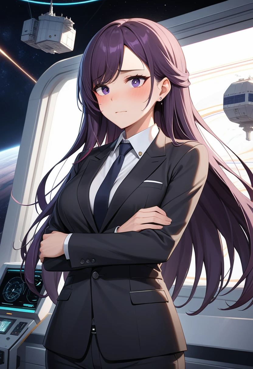 (high quality,Very detailed:1.37, High resolution), Woman, (mature:2.0), (Sakaki Yumiko:1.5), (very long hair:1.5), (dark purple hair:2.5), purple eyes, large breasts, tuxedo, necktie, (pants:1.5), (wetting herself:1.5), standing, (arms crossed:1.5), (embarrassed:1.5), (humiliation:1.5), (constricted pupils:1.5), (sweating:1.5), shaking, (trembling:1.5), (blushing:1.5), Meticulous details, (extremely detailed eys:1.37), space station, interior, science fiction, futuristic