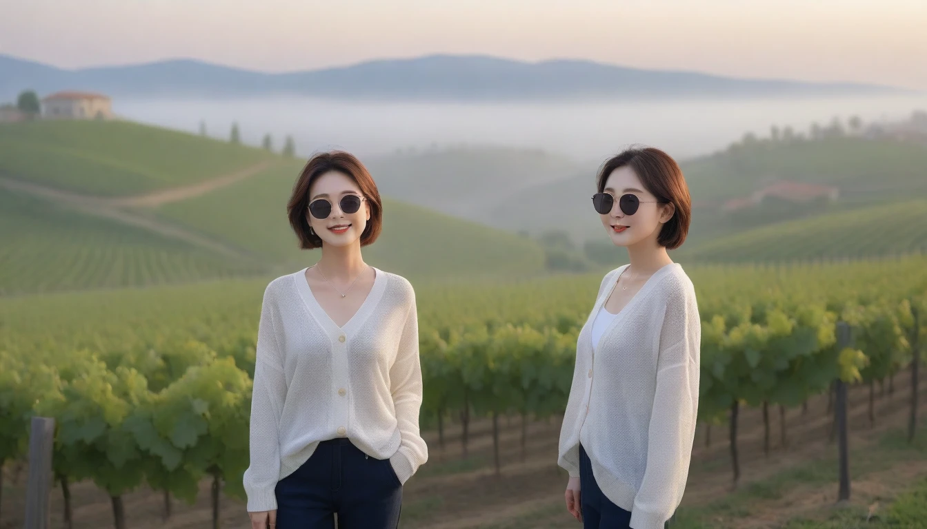 8k realistic, lifelike photo,, 36 year old Korean woman, Short in stature, pretty like a model. front view, white shirt and short cardigan, casual pants, short medium hair, smiling, Italy. spring, vineyard, thick dawn fog. vineyard 지나 짙은 안개 속으로 저 멀리 성당이 보인다. Full body shot from afar with a wide angle lens , 1 woman, Short in stature, superb picture quality, The morning fog is getting thicker, The picture quality is alive... Full body shot with Canon 16-35 wide angle lens, Put on your horn-rimmed sunglasses and look to the side.