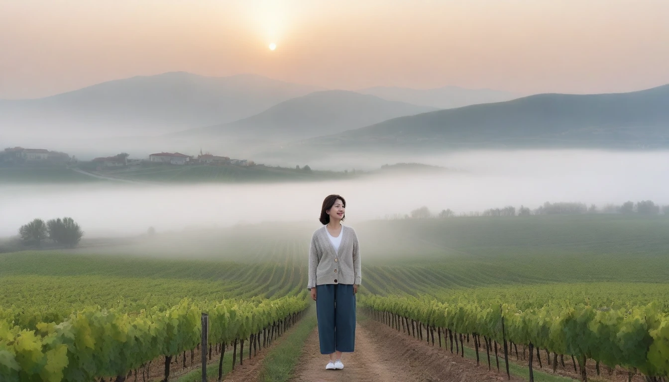 8k realistic, lifelike photo,, 36 year old Korean woman, Short in stature, pretty like a model. front view, white shirt and short cardigan, casual pants, short medium hair, smiling, Italy. spring, vineyard, thick dawn fog. vineyard 지나 짙은 안개 속으로 저 멀리 성당이 보인다. Full body shot from afar with a wide angle lens , 1 woman, Short in stature, superb picture quality, The morning fog is getting thicker, The picture quality is alive... Full body shot with Canon 16-35 wide angle lens, Put on your horn-rimmed sunglasses and look to the side.