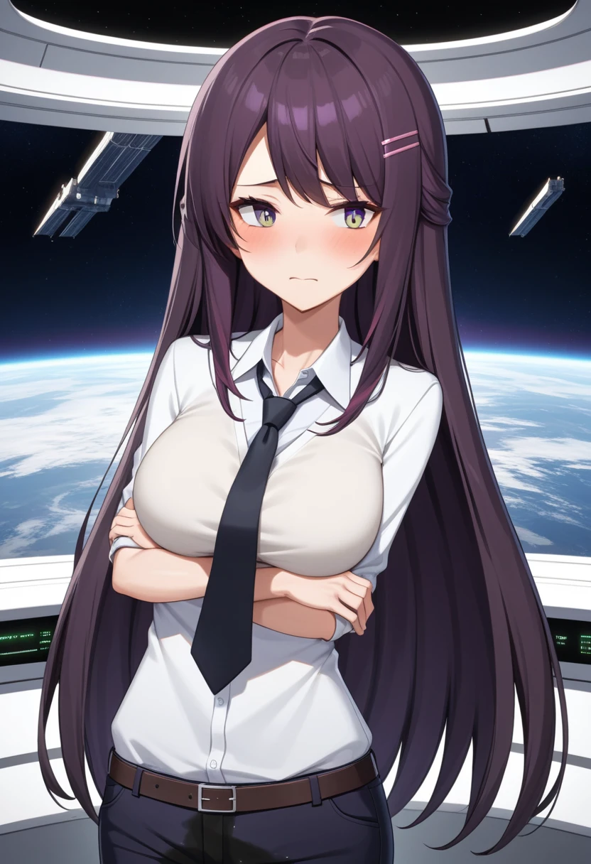 (high quality,Very detailed:1.37, High resolution), Woman, (mature:2.0), (Sakaki Yumiko:1.5), (very long hair:1.5), (dark purple hair:2.5), purple eyes, large breasts, tuxedo, necktie, (pants:1.5), (wetting herself:1.5), standing, (arms crossed:1.5), (embarrassed:1.5), (humiliation:1.5), (constricted pupils:1.5), (sweating:1.5), shaking, (trembling:1.5), (blushing:1.5), Meticulous details, (extremely detailed eys:1.37), space station, interior, science fiction, futuristic