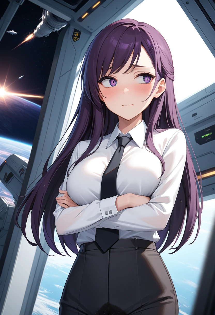 (high quality,Very detailed:1.37, High resolution), Woman, (mature:2.0), (Sakaki Yumiko:1.5), (very long hair:1.5), (dark purple hair:2.5), purple eyes, large breasts, tuxedo, necktie, (pants:1.5), (wetting herself:1.5), standing, (arms crossed:1.5), (embarrassed:1.5), (humiliation:1.5), (constricted pupils:1.5), (sweating:1.5), shaking, (trembling:1.5), (blushing:1.5), Meticulous details, (extremely detailed eys:1.37), space station, interior, science fiction, futuristic