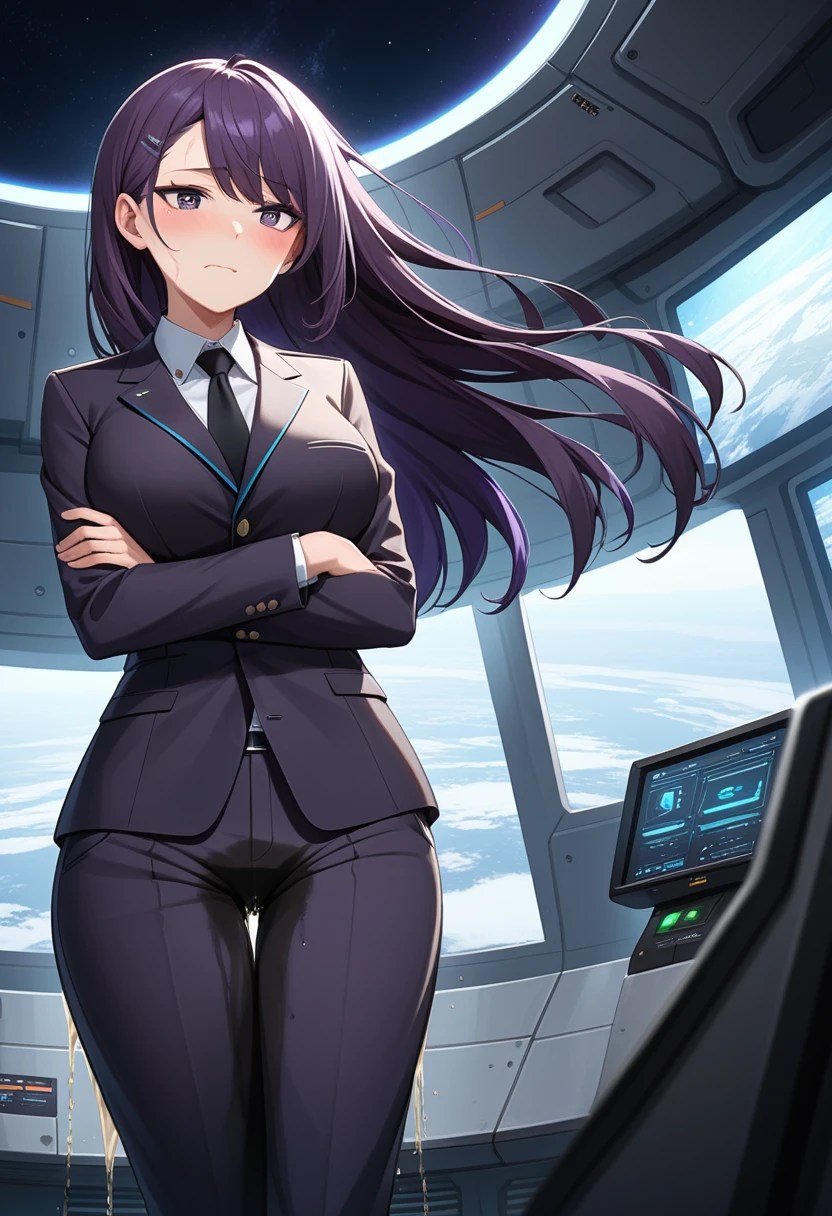 (high quality,Very detailed:1.37, High resolution), Woman, (mature:2.0), (Sakaki Yumiko:1.5), (very long hair:1.5), (dark purple hair:2.5), purple eyes, large breasts, tuxedo, necktie, (pants:1.5), (wetting herself:1.5), standing, (arms crossed:1.5), (embarrassed:1.5), (humiliation:1.5), (constricted pupils:1.5), (sweating:1.5), shaking, (trembling:1.5), (blushing:1.5), Meticulous details, (extremely detailed eys:1.37), space station, interior, science fiction, futuristic