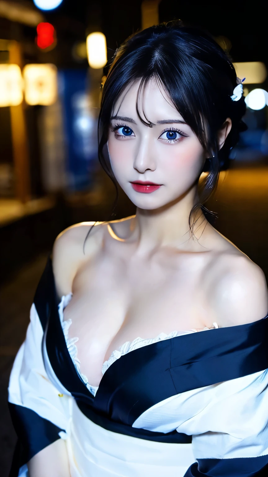 ((masterpiece:1.3)), realistic , 8k, (huge breasts:1.3), Ultra-realistic, Dark Elf ,wallpaper, blue eyes, sexy,((white kimono, Off the shoulder)), Black hair, beautiful hair, beautiful face, Dark Skin, ((full shot)), open mouth, Half American, Half Japanese, look at the front, neon town, night