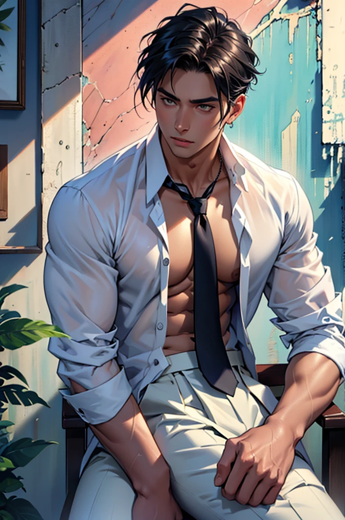 Arav man in shirt and tie sitting on a chair, Pastel paintings inspired by Randy Vargas, Unsplash, Surrealism, Male Model, Sexy masculine, Asian Men, non binary model, underwear, V-neck dress, Transparent body, A model with an attractive figure, handsome stunning realistic, Super hot and sexy, Edit Mode, Perfect body, Muscular posture
