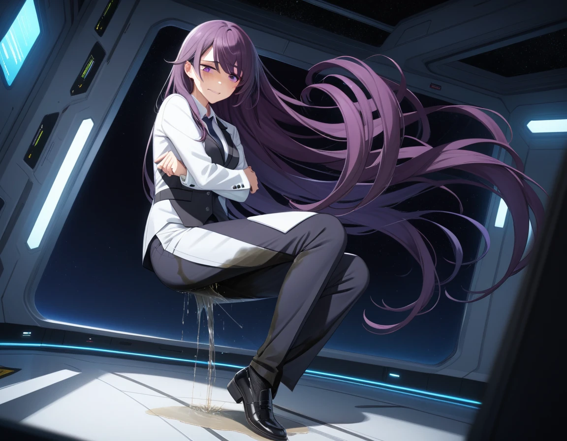 (high quality,Very detailed:1.37, High resolution), Woman, (mature:2.0), (Sakaki Yumiko:1.5), (very long hair:1.5), (dark purple hair:2.5), purple eyes, large breasts, tuxedo, necktie, (pants:1.5), (wetting herself:1.5), standing, (arms crossed:1.5), (embarrassed:1.5), (humiliation:1.5), (constricted pupils:1.5), (sweating:1.5), shaking, (trembling:1.5), (blushing:1.5), Meticulous details, (extremely detailed eys:1.37), space station, interior, science fiction, futuristic, full body