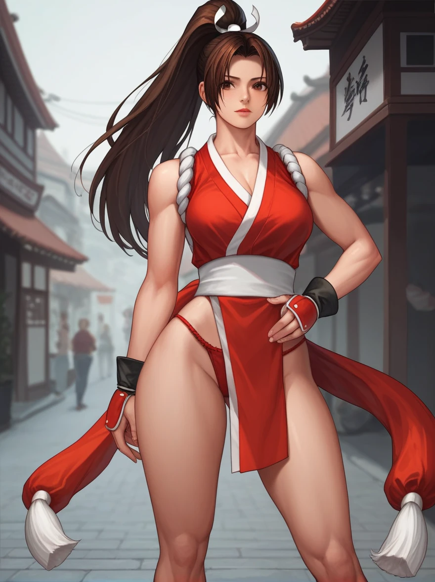 shiranui_mai, the_king_of_fighters, standing BREAK score_9, score_8_up, score_7_up, score_6_up, score_5_up, score_4_up, red panty, (((old street background)))