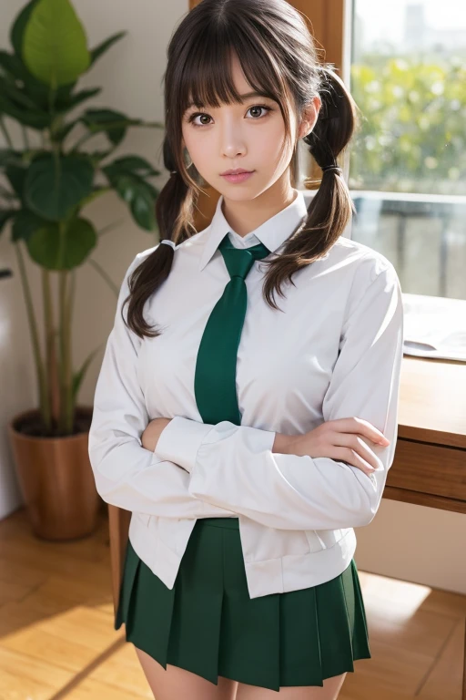 1girl, solo, medium hair, looking at viewer, bangs, skirt, shirt, brown eyes, long sleeves, twintails, standing, jacket, white shirt, green hair, necktie, collared shirt, indoors, black skirt, uniform, black jacket, window, low twintails, heterochromia, chair, crossed arms, plant, black necktie, desk, pencil skirt