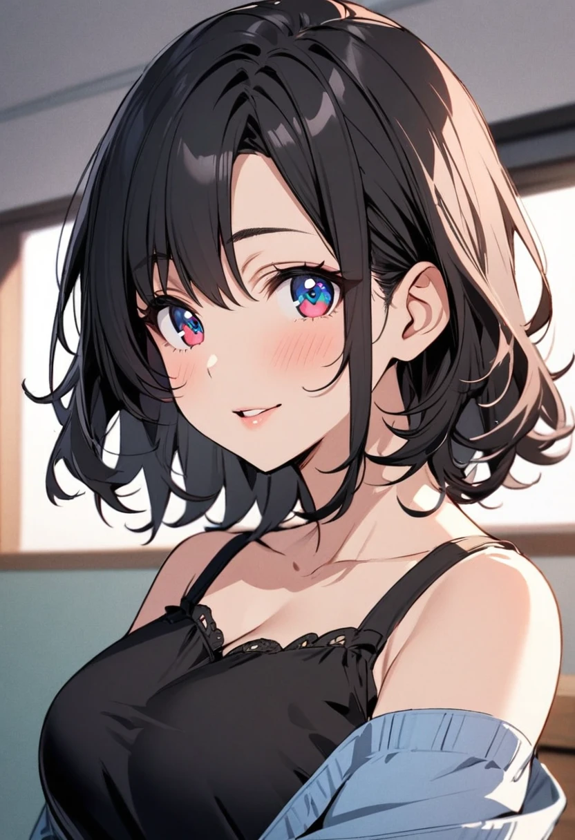 girl, black hair, medium hair, two colors eyes, one blue eye, one red eye, mature, beautiful, cute