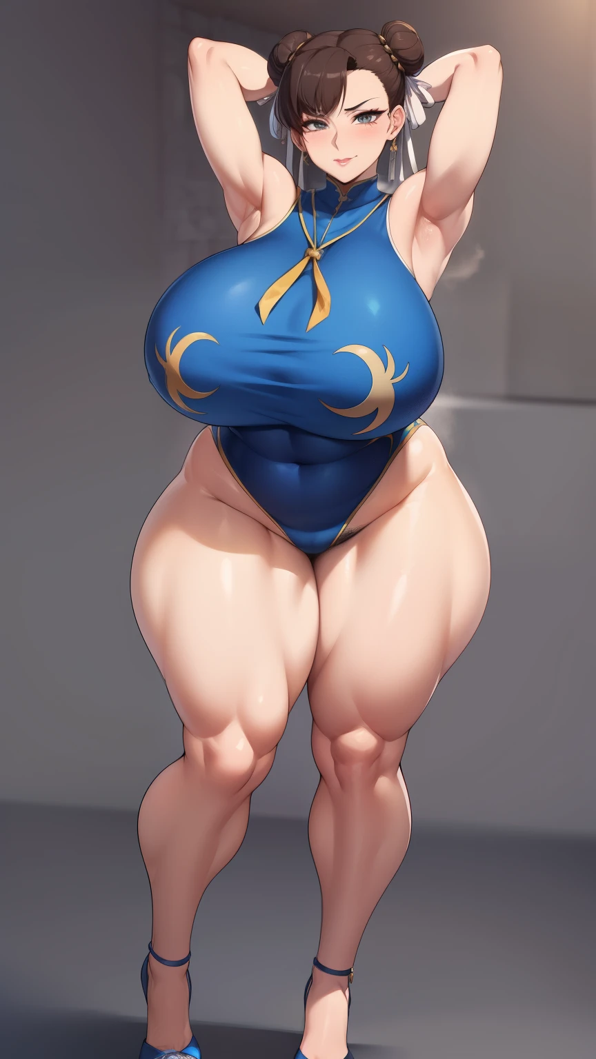 score_9, score_8_up, score_7_up, score_6_up, score_5_up, score_4_up, solo, CHUN-LI, brown eyes, double bun, yellow ribbon, blue bodysuit, crop top, sleeveless, ((full body)), ((gigantic fat ass)), thick thighs, from behind, (((gigantic breasts))), underboobs, sideboobs, ((perky big puffy nipples)), ((long erected nipples)), big cameltoe, pouted lips, squinting eyes, embarrassed