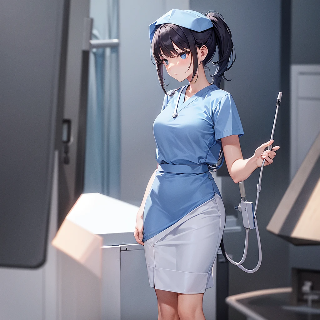 nursing aide,one girl,solo,blue or white scrubs,not wearing a hat or cap, I can't get my head out of the picture, Facing forward.