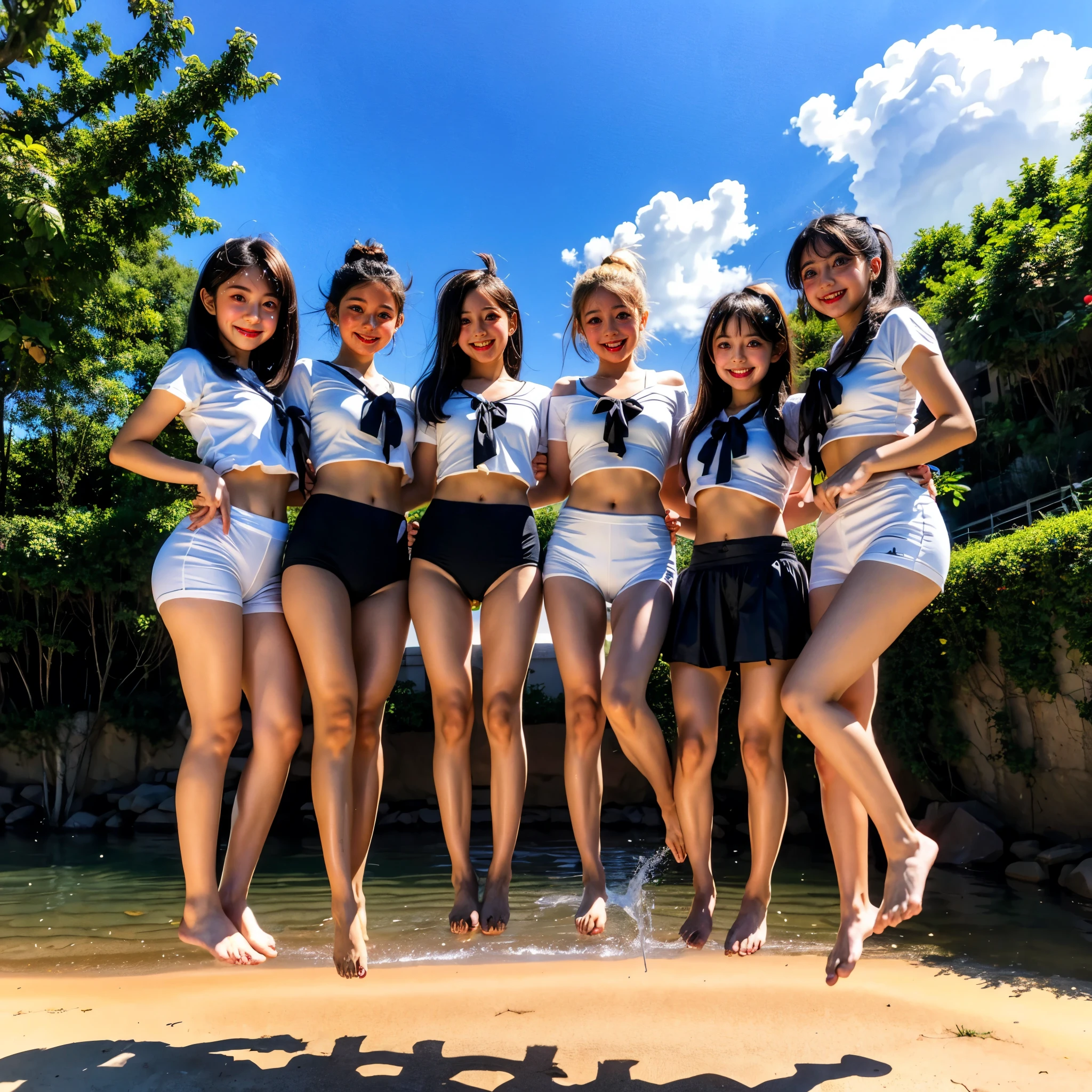 Masterpiece of ProfessionalPhoto ((ExtremelyDetailed (12 PICHIPICHI KAWAII Girls Floating in The Air in a row:1.37) in WHITE at Dusk Enoshima Beach)), {(Standing Full Body:1.2)|(from below:1.2)|Detailed KAWAII face}, Different types of hair colors, {(skinny(school swimwear))|(SchoolUniform)with Skinny AthleticShorts}, {(Corrected Childish hand)|Hidden hand|Different types of breasts|(Clearly Visible the shape of Butt)}, Joyful Expressions LifeLike Rendering, PerfectLighting, (Dazzling Horizon Visible through ThighGap), (Starry IridescentParticles:1.22) ColorfulClouds