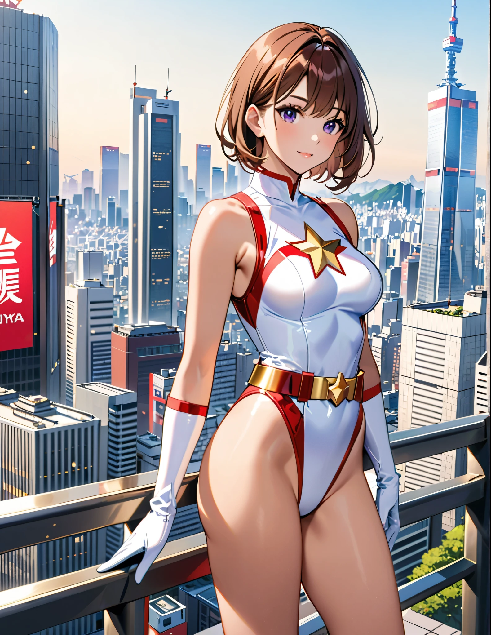 (masterpiece), (best quality), (high res), medium breasts, ((leotard, white and red leotard, matching leotard, sleeveless, bare legs)), ((tight belt, gold belt)), ((boots, matching boots, ankle-high boots, white boots)), ((gloves, white gloves)), city backdrop, tokyo city backdrop, solo, solo focus, standing, (full body), cowboy shot, superhero, ((beautiful detailed eyes)), ((gold star symbol on chest)), (brown hair, medium hair, bob hair, purple eyes), (perfect hands, perfect anatomy), superhero, ((beautiful detailed eyes)), full body costume design.