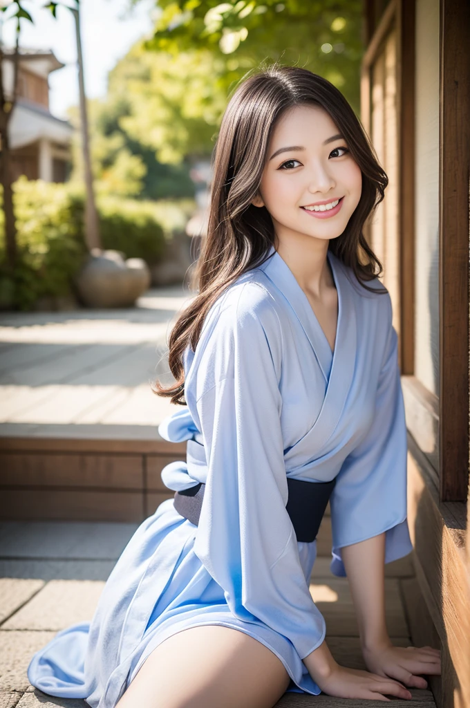 (Only one person), Pure Japanese yukata girl, wearing casual yukata, natural makeup and lips, thick eyebrows, natural hair styles, sweet smile, sitting, spread wide legs, soft sunlight, summer atmosphere, sexual attractive, sexual temptation, professional photography, 