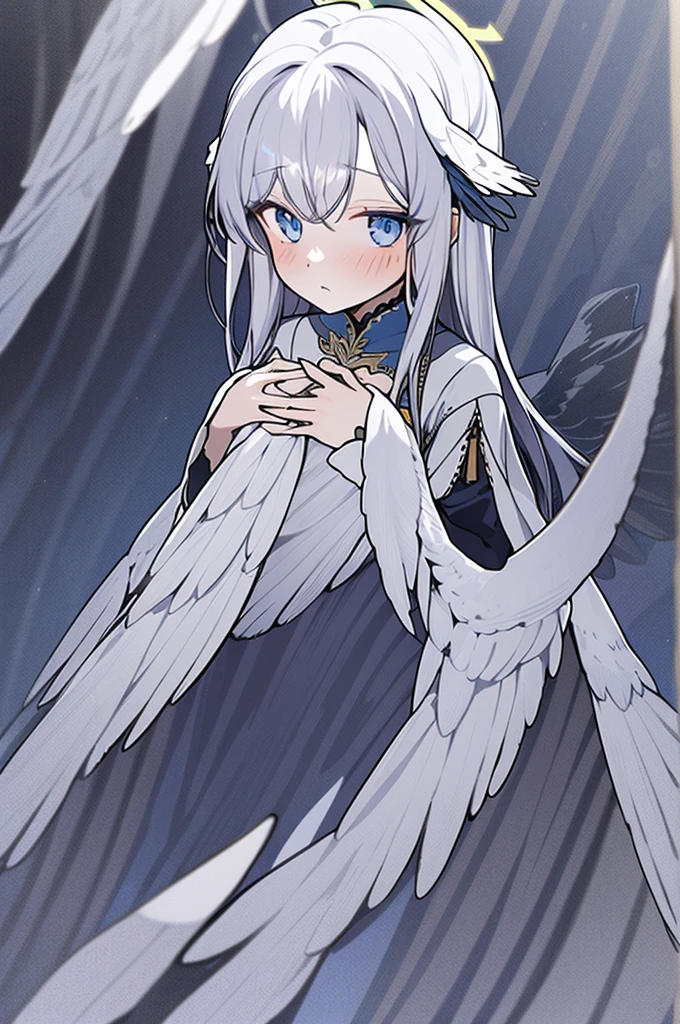 1girl,solo,halo,wings,long hair,angel,white hair,angel wings,dress,feathered wings,looking at viewer,hair ornament,wide sleeves,white wings,blush,flower,grey eyes,long sleeves,hair flower,bangs,own hands together,hands on own chest,blue eyes,parted bangs,coloured glaze,