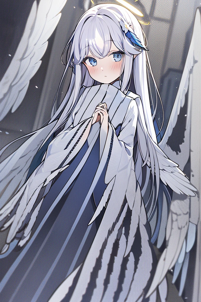 1girl,solo,halo,wings,long hair,angel,white hair,angel wings,dress,feathered wings,looking at viewer,hair ornament,wide sleeves,white wings,blush,flower,grey eyes,long sleeves,hair flower,bangs,own hands together,hands on own chest,blue eyes,parted bangs,coloured glaze,