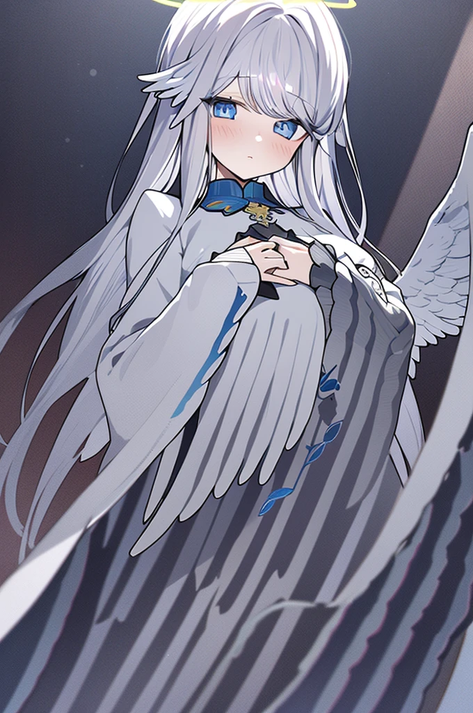 1girl,solo,halo,wings,long hair,angel,white hair,angel wings,dress,feathered wings,looking at viewer,hair ornament,wide sleeves,white wings,blush,flower,grey eyes,long sleeves,hair flower,bangs,own hands together,hands on own chest,blue eyes,parted bangs,coloured glaze,