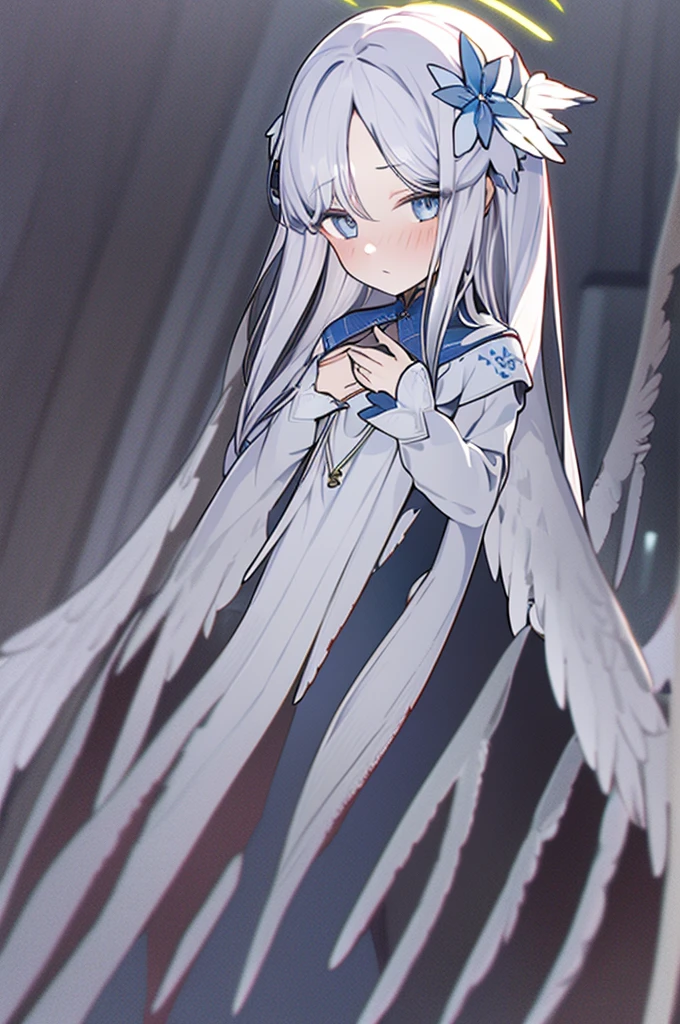 1girl,solo,halo,wings,long hair,angel,white hair,angel wings,dress,feathered wings,looking at viewer,hair ornament,wide sleeves,white wings,blush,flower,grey eyes,long sleeves,hair flower,bangs,own hands together,hands on own chest,blue eyes,parted bangs,coloured glaze,