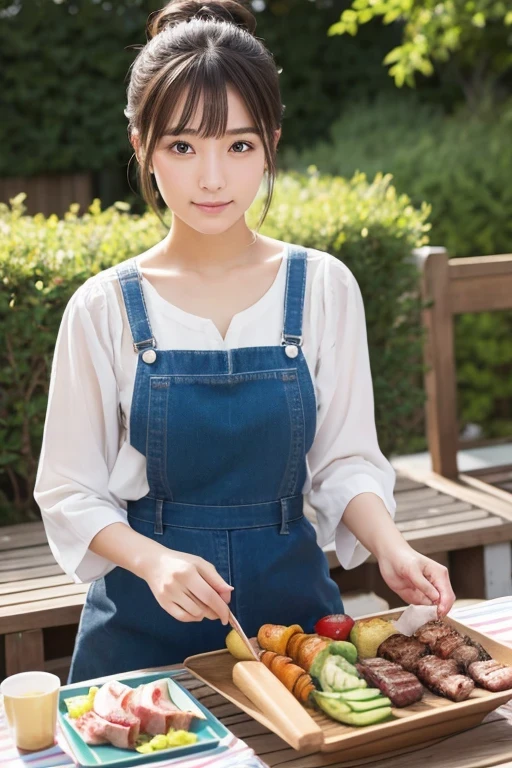 Produce the highest quality and highest resolution 8K images。Please draw the upper body of a 20 year old Japanese woman.。Please draw an image of people enjoying a barbecue in the garden.。She has brown eyes and a model-like figure、She has an idol-level cute face.。Her hair is in a bun.。Clothes、I&#39;m wearing a short-sleeved shirt。The skin is、It is a natural skin color。she、Looking at you with a smile。
