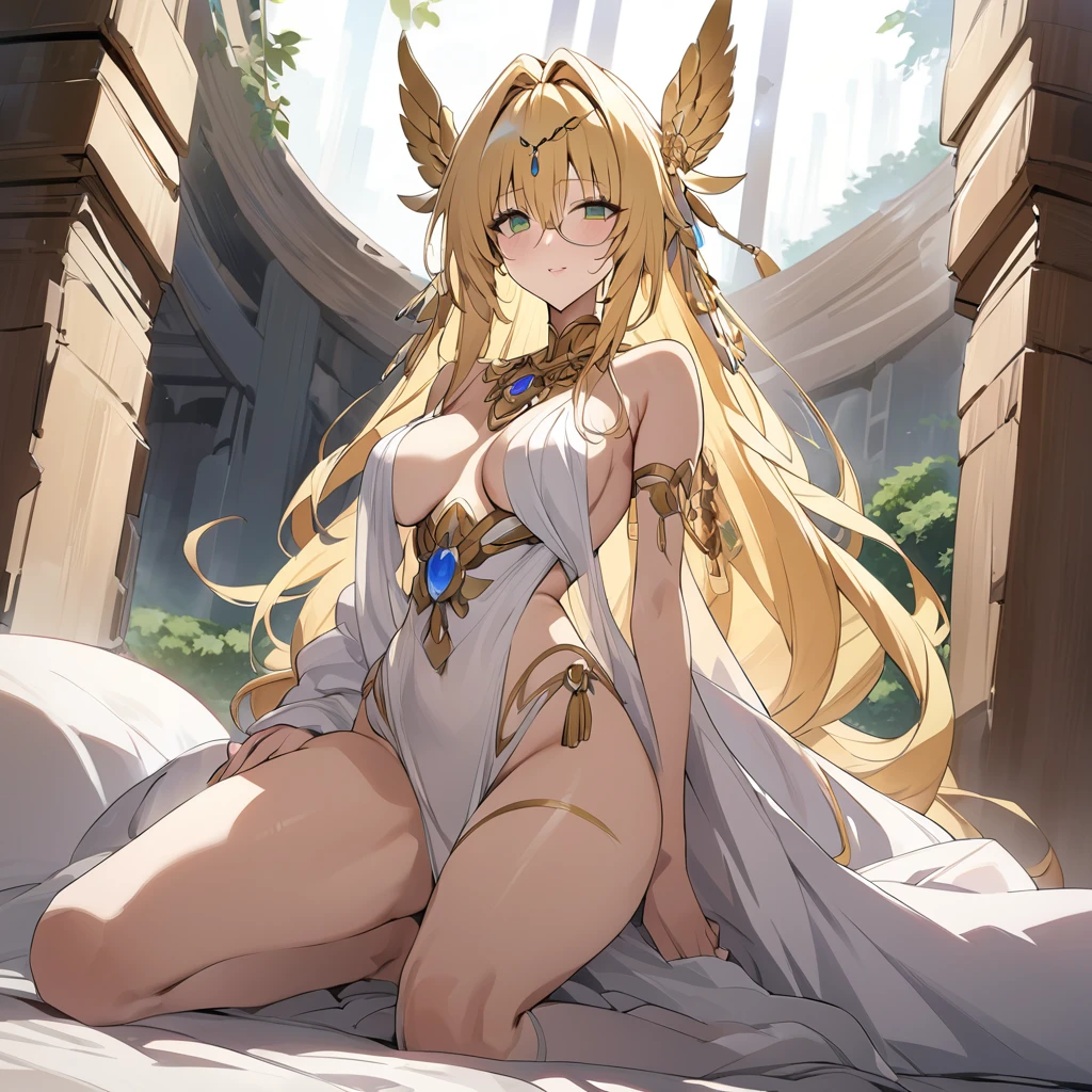 ((Highest quality)), ((masterpiece)), (detailed), (Perfect Face)、The woman wearing the white ancient Greek Doric chiton is a divine being, in body and mind, a thyrion, the Greek goddess Hera.々The goddess Tyre, wife of Zeus, king of the gods、The woman is the goddess Tyael, the wife of Zeus, with green eyes, blonde medium-long hair, an engagement ring, and gorgeous accessories. She is an elegant goddess, the graceful and beautiful goddess Hera, the queen of the gods.