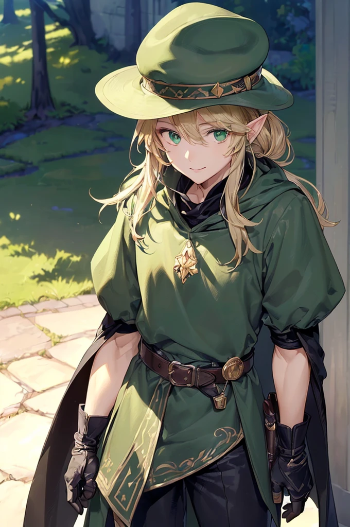 (((masterpiece; best quality: 1.2))), (finely detailed eyes: 1.3), (25 year old elf man), (solo), (green eyes: 1.4), (body; toned, fit, masculine: 1.3), (silky blonde hair in low ponytail: 1.3), (beautiful and clear background: 1.2), ((depth of field)), (equipment: adventurer garb + modest + elegant wide-brim hat + dark coat + light-colored tunic + dark long cape + black pants + gloves + belt + pouches: 1.3), (anime illustration: 1.2), (background composition; royal garden: 1.1), (extremely fine and handsome: 1.1), (shot composition; standing + centered on torso + close-up: 1.5), (expression; calm, smile: 1.2)