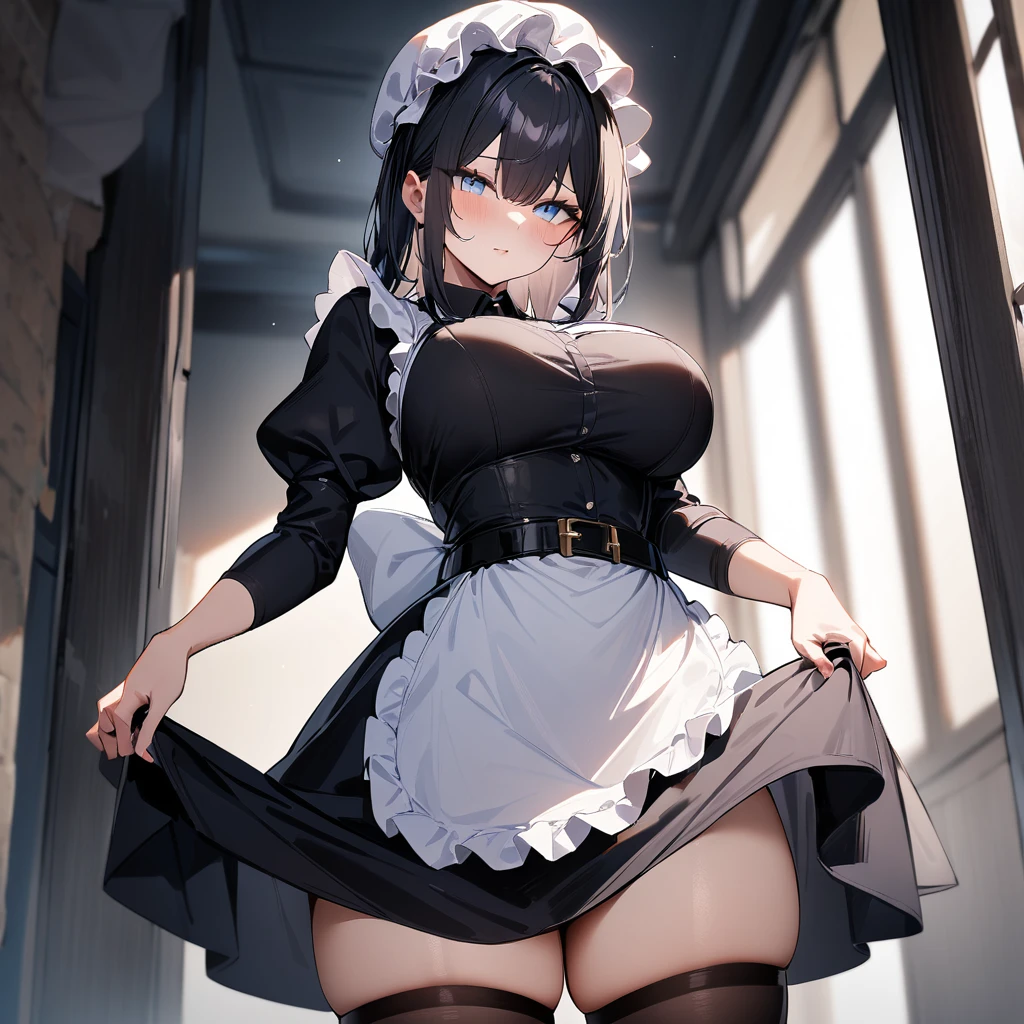 1girl,black hair,light blue eyes,blackdress,big breast,maidapron,mob cap,puffy_sleeves,maid_apron, belt,thighhighs,masterpiece, best quality, very aesthetic, absurdres,lift