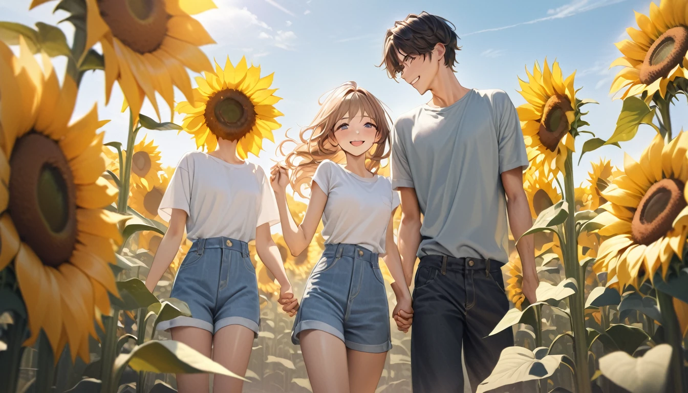 (best quality, masterpiece, ultra detailed, ultra high res, photorealistic, raw photo, absolutely resolution), A scene in a sunflower field with a 19-year-old Japanese man and a 19-year-old Japanese woman holding hands and smiling at each other. The background features a bright blue sky, with the vibrant yellow of the sunflowers standing out. The couple is centrally positioned, with their smiles clearly visible. The camera angle is a front-facing shot, capturing the expressions of both individuals. The overall color palette is bright and summery, emphasizing the contrast between the yellow sunflowers and the blue sky. The scene conveys a sense of happiness and joy.